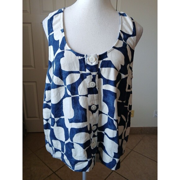 Sonoma Womens Blouse Large Linen Blend Blue Beige Sleeveless Coastal Beach - Picture 1 of 14